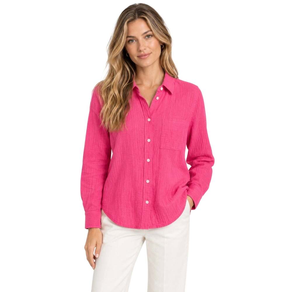 J Crew NEW Women’s hot pink crinkle cotton button down shirt, Size L